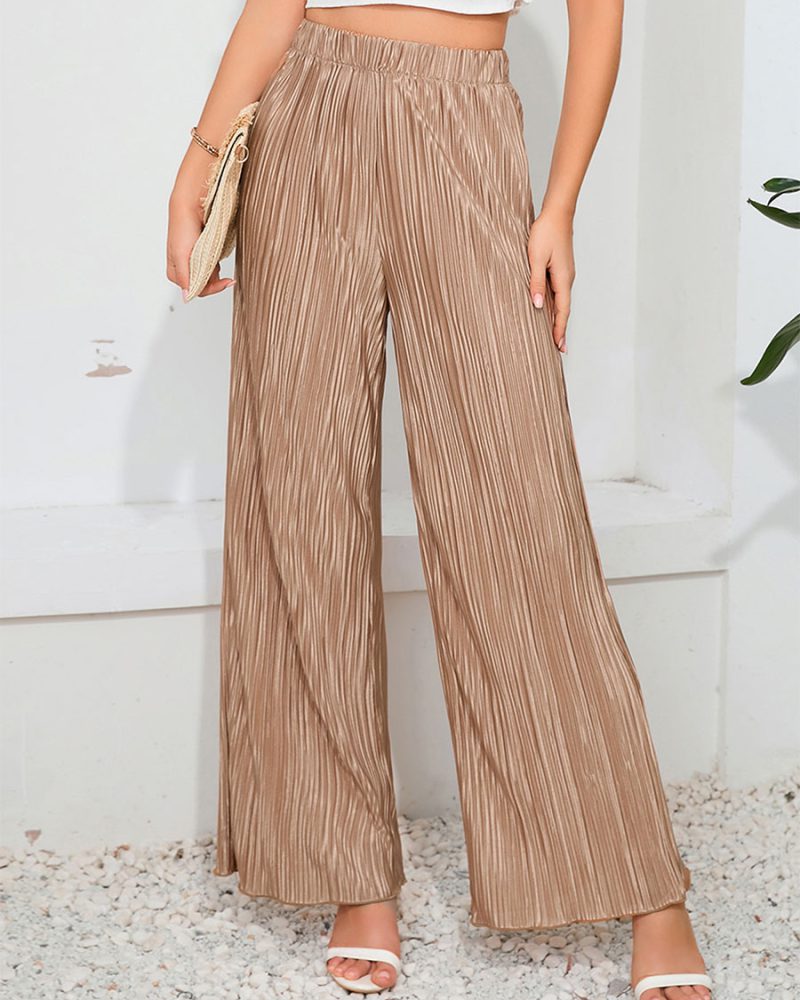 Khaki Raised Waist Polyester Pants