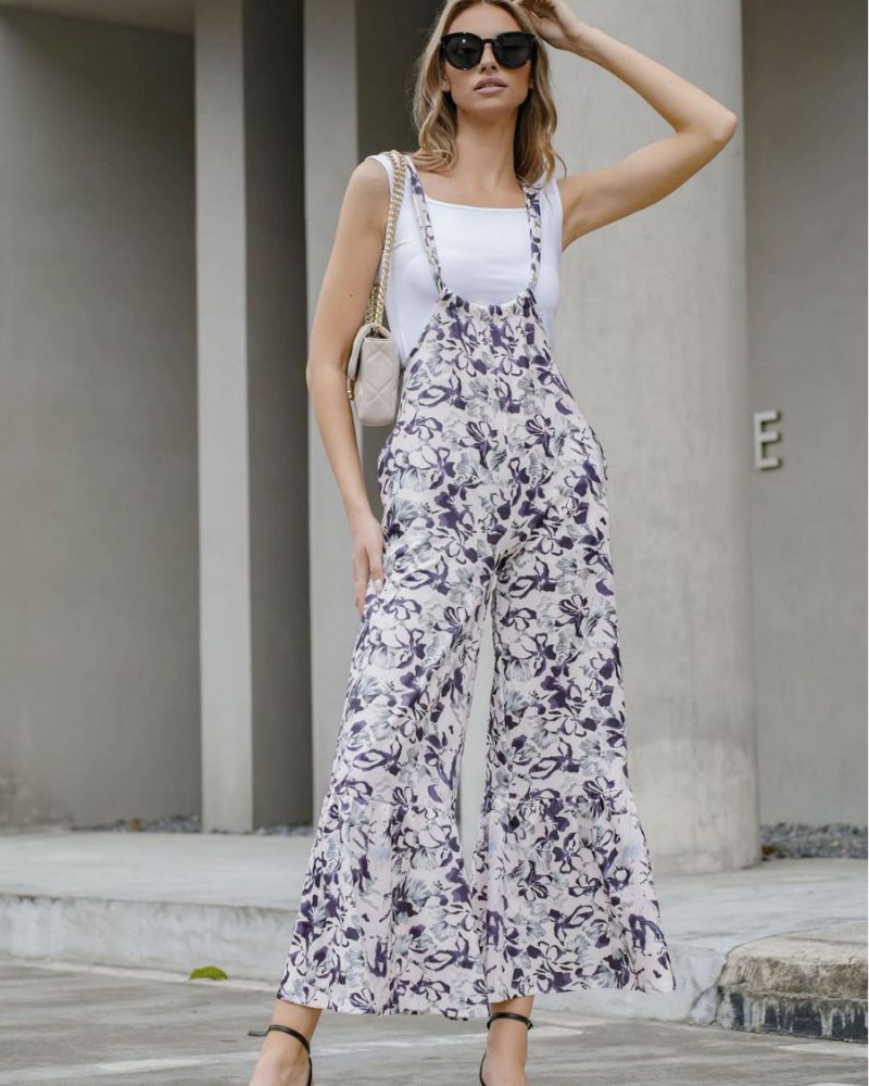 Overalls Light Gray Lace Up Raised Waist Printed Pants