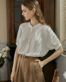White Buttons Pleated Casual Half Sleeves Satin Fabric Blouse