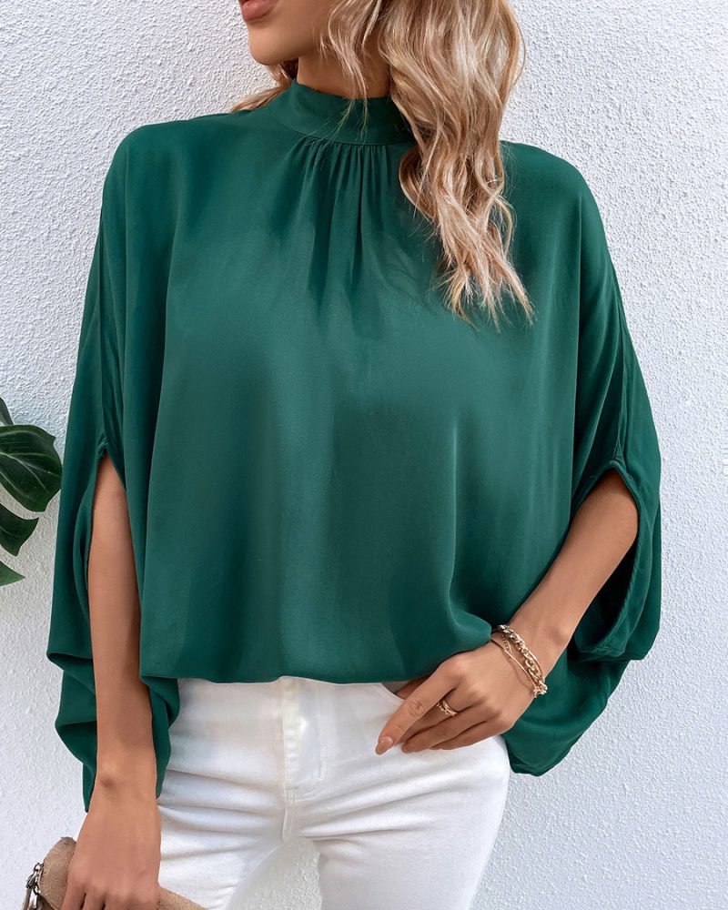 Dark Green High Collar Casual Half Sleeves Blouse
