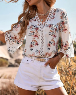 White V-Neck Casual Floral Print Cut Out Half Sleeves Blouse