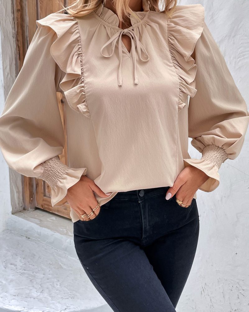 Apricot Ruffles V-Neck Casual Long Sleeves Blouse