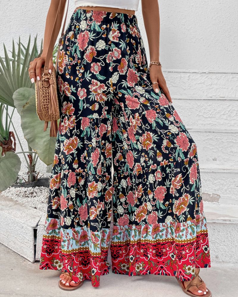 Black Oversized High Rise Waist Floral Print Pants