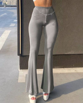 Flared Pants Grey High Rise Waist Bell Bottoms Lycra Spandex Trousers