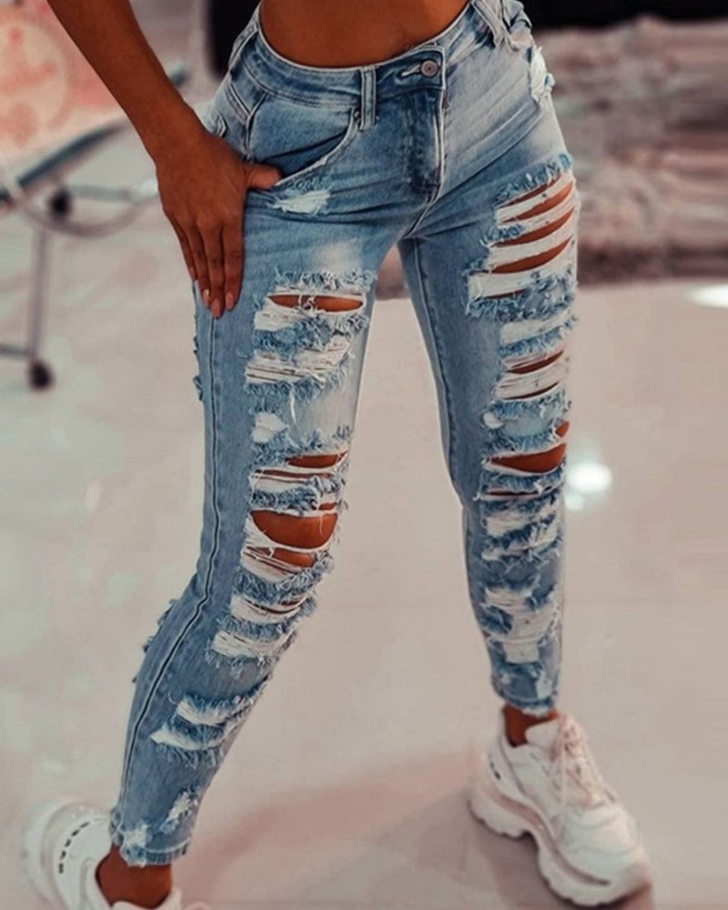 Blue Denim High Rise Waist Pants