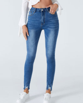 Blue Jeans Split Front Asymmetrical Raised Waist Tapered Fit Skinny Denim Pants