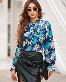 Blue Jewel Neck Sexy Printed Long Sleeves Blouse
