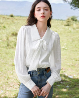 Blouse For Women White Turndown Collar Casual Long Sleeves Tops