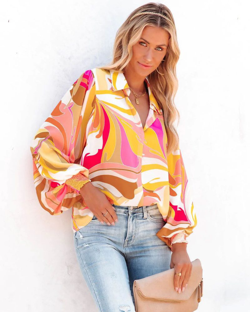 Orange Red Turndown Collar Casual Geometric Buttons Long Sleeves Blouse