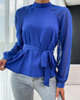 Long Sleeves Tees Blue Lace Up Jewel Neck Blouse