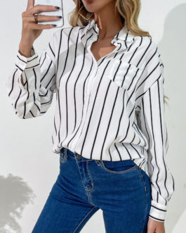 White Turndown Collar High Low Design Stripes Pattern Pockets Buttons Long Sleeves Casual Blouse