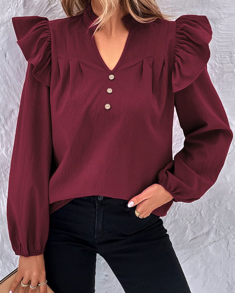 Burgundy Ruffles V-Neck Casual Long Sleeves Blouse