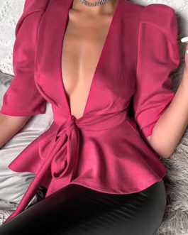Red V-Neck Casual Half Sleeves Blouse