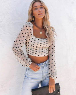 Sexy Square Neck Long Sleeves Pleated Polka Dot Summer Blouse