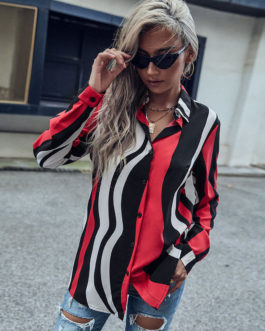 Red Turndown Collar Casual Stripes Buttons Long Sleeves Oversized Blouse