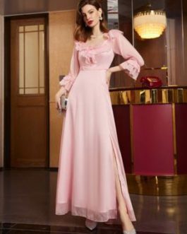 Pink V-Neck Ruffles 3/4 Length Sleeves Semi Formal Party Dress