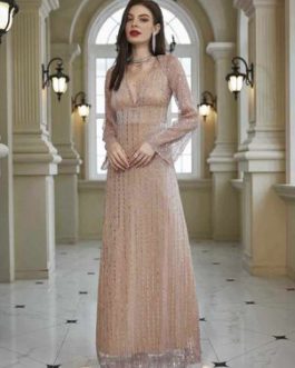 Nude V-Neck Sequins Long Sleeves Semi Formal Party Dresses