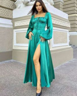 Party Dresses Bateau Neck Pleated Long Sleeves High-slit
