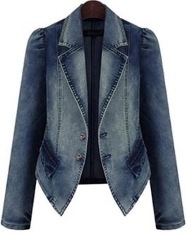 Distressed Denim Tuxedo Style Jacket - Lapels and Metal Buttons