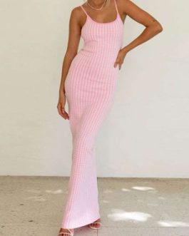 Barbie Pink Gingham Sleeveless Backless Long Bodycon Dresses