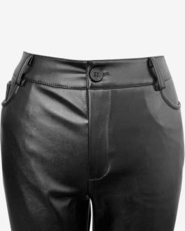 Black Zipper PU Leather Low-slit Raised Waist Pants
