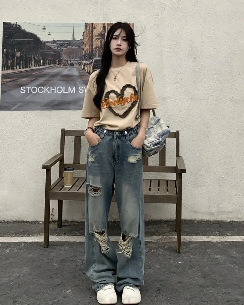 Y2k Baggy Wide Leg Jeans Ripped High Waisted Jeans