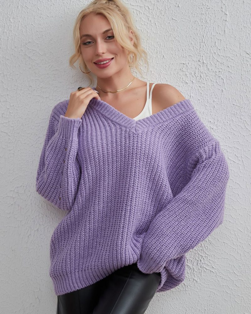 Ribbed V-Neck Cut Out Long Sleeves Sweaters