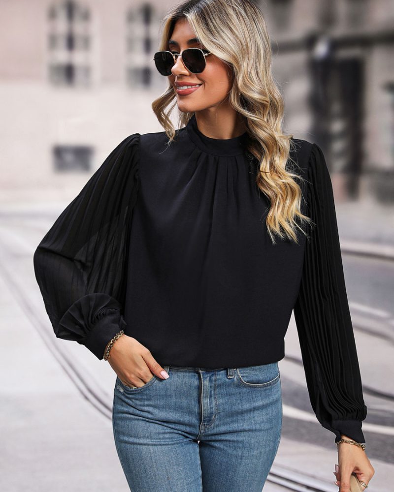 Black Crewneck Elegant Long Sleeves Blouses
