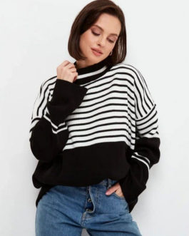 High Collar Long Sleeves Two-Tone Daily Sweaters