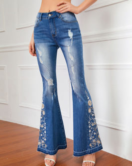 Mid Rise Embroidered Ripped Bell Bottoms Flare Jeans