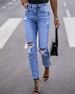 Casual High Rise Cotton Spring Bottom Ripped Jeans