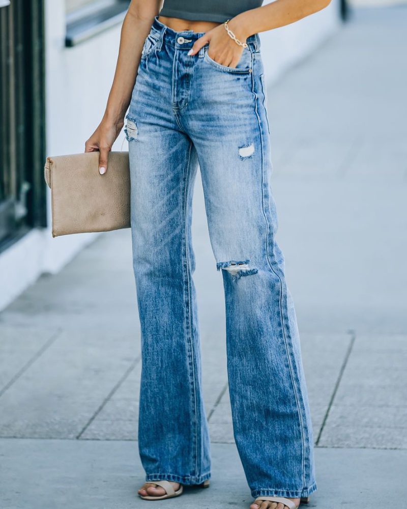 High Rise Ripped Spring Bottoms Straight Jeans