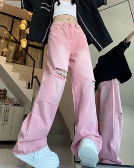 High Waist Slim Ripped Pink Straight Street Wide Leg Jean