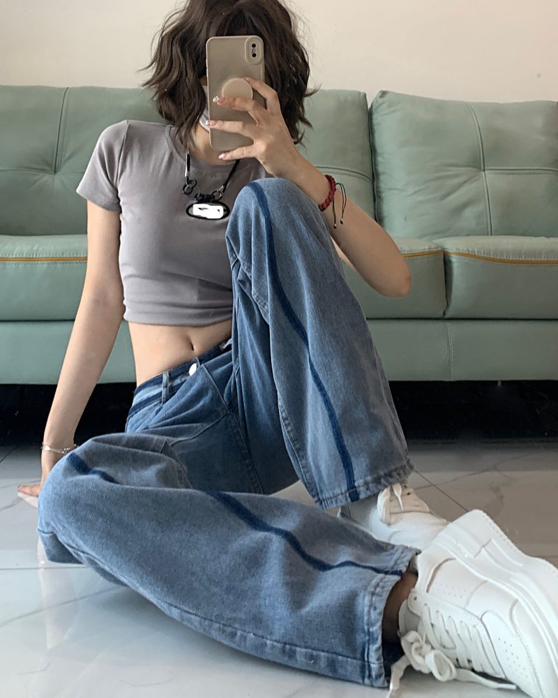 Style Patchwork Design High Waisted Straight Leg Jeans