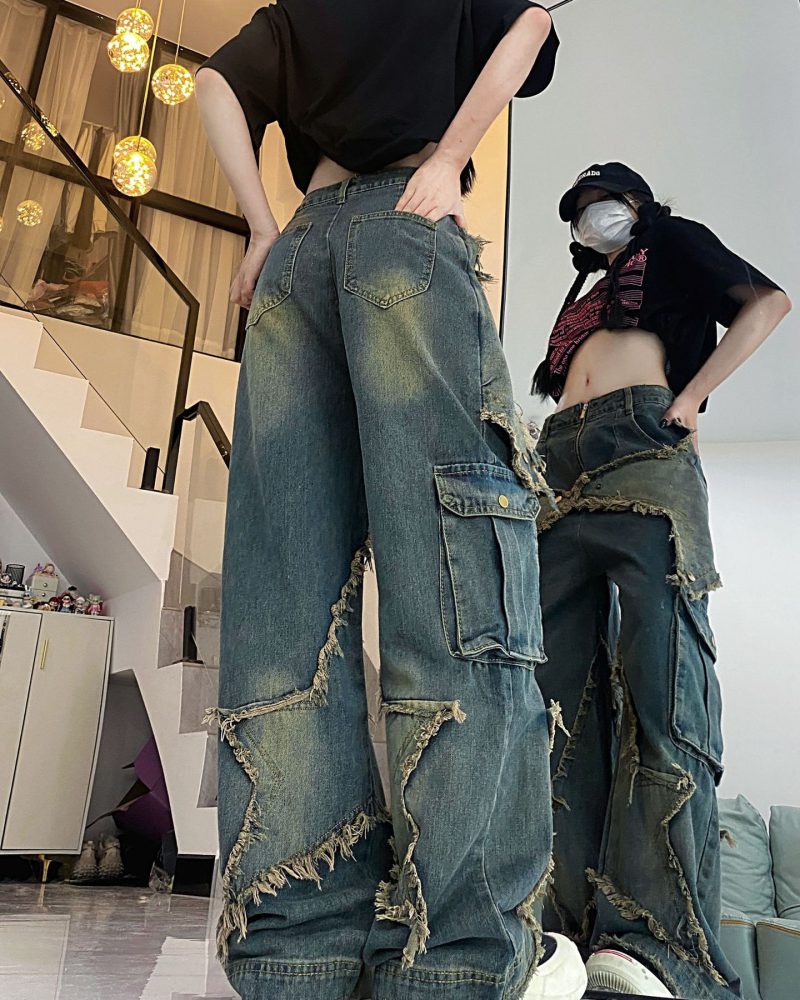 Patchwork Irregular Raw Edges Large Pockets Vintage High Street Jeans
