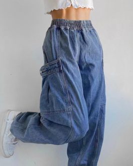 Retro High Street Multi Pocket Blue Washed High Waist Jeans