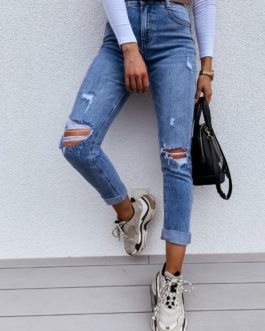 Casual Ripped Denim Trousers Straight Leg Curl Pants Frayed Holes Jeans