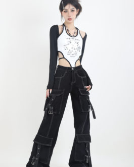 Harajuku Pockets Patchwork Baggy Autumn Black Wide Leg Denim Jeans
