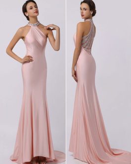 Peach Prom Long Tulle Beading Chiffon Party Maxi Dress