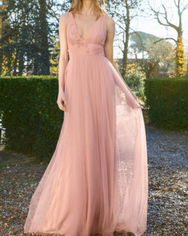 Pink Bridesmaid V Neck Sleeveless Backless Lace A-Line With Train Prom Dress