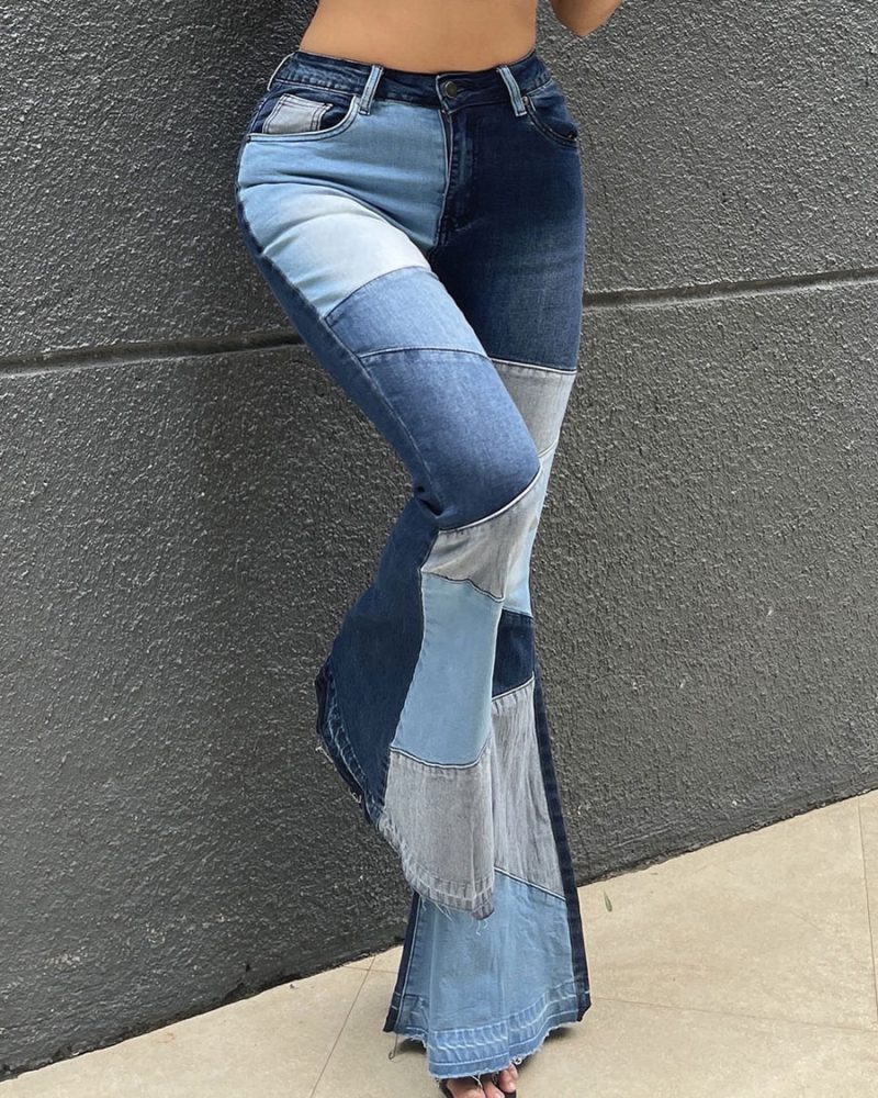 Casual Geometric Cotton Bell Bottoms Jeans