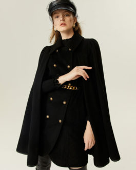 Woolen Double Breasted Cape Chain Belt Outerwear Poncho Capes