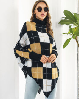 Plaid High Collar Oversized Spring Outerwear Poncho Capes