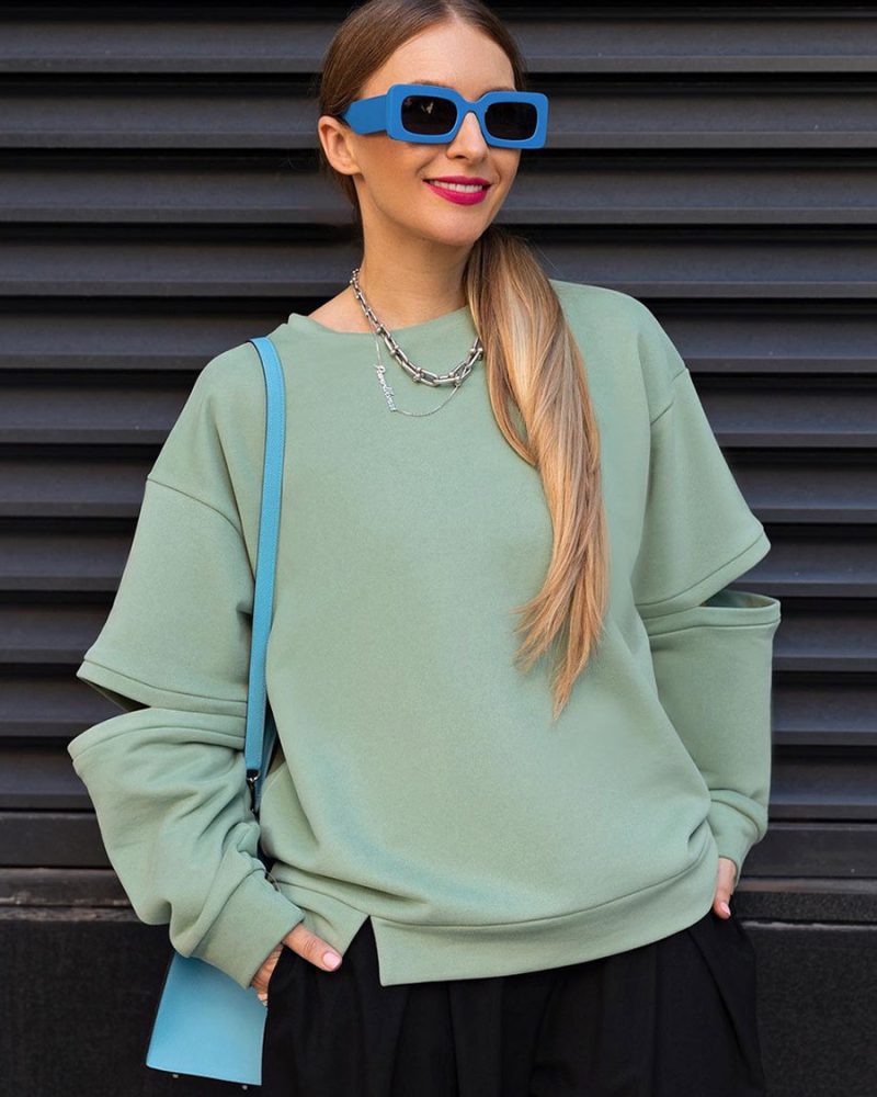 Green Long Sleeves Letters Print Cut Out Polyester Sweaters