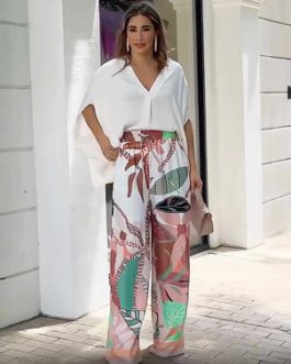 White Floral Print Street Wear Pleated Casual Two Piece Sets