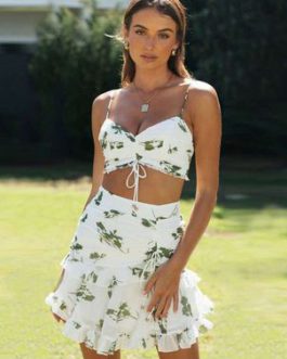 White Floral Print Resort Wear Lace Up Sexy Two Piece Sets