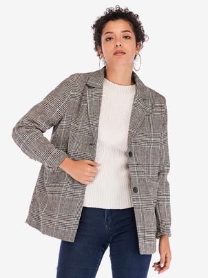 Blazer Jacket Plaid Long Sleeves Outerwear For Women