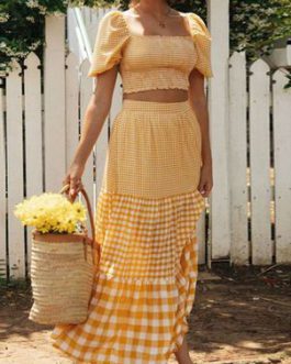 Skirt Set Yellow Elegant Plaid Resort Wear Two Piece Sets