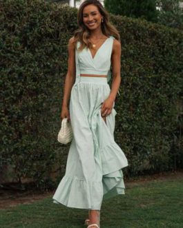 Skirt Set Light Green Beach Lace Up Casual Two Piece Sets