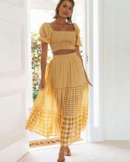 Skirt Set Yellow Elegant Plaid Resort Wear Two Piece Sets